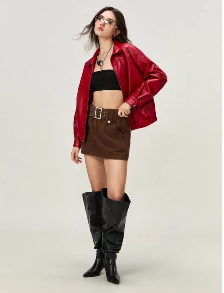 Red Faux Leather Jacket Women – Oversized Y2K Streetwear Viral Aesthetic Red Leather Jacket