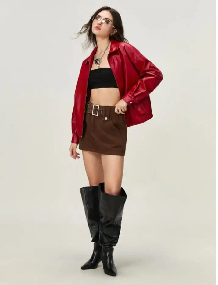Red Faux Leather Jacket Women – Oversized Y2K Streetwear Viral Aesthetic Red Leather Jacket