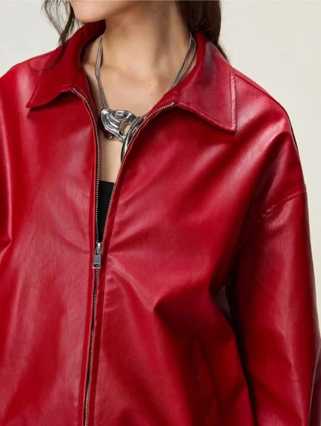 Red Faux Leather Jacket Women – Oversized Y2K Streetwear Viral Aesthetic Red Leather Jacket