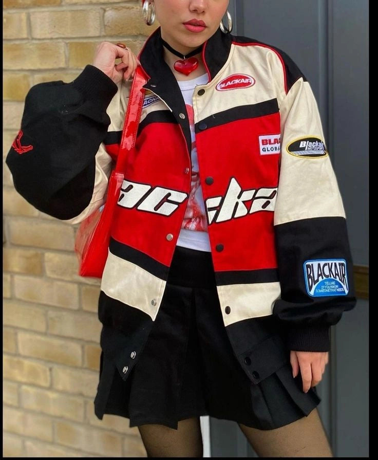 Blackair Racing Jacket – Red, Black & Beige Motorsport Streetwear Varsity Jacket | Oversized Unisex Racing Jacket