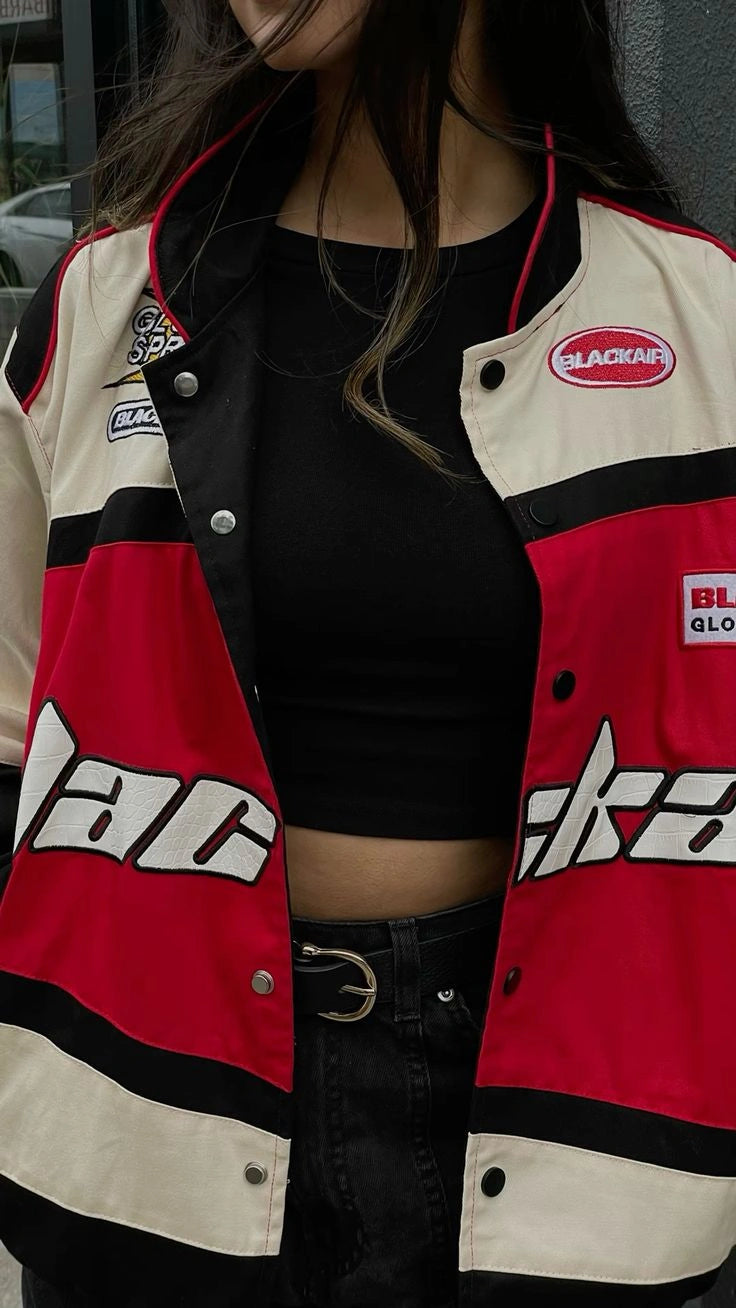 Blackair Racing Jacket – Red, Black & Beige Motorsport Streetwear Varsity Jacket | Oversized Unisex Racing Jacket