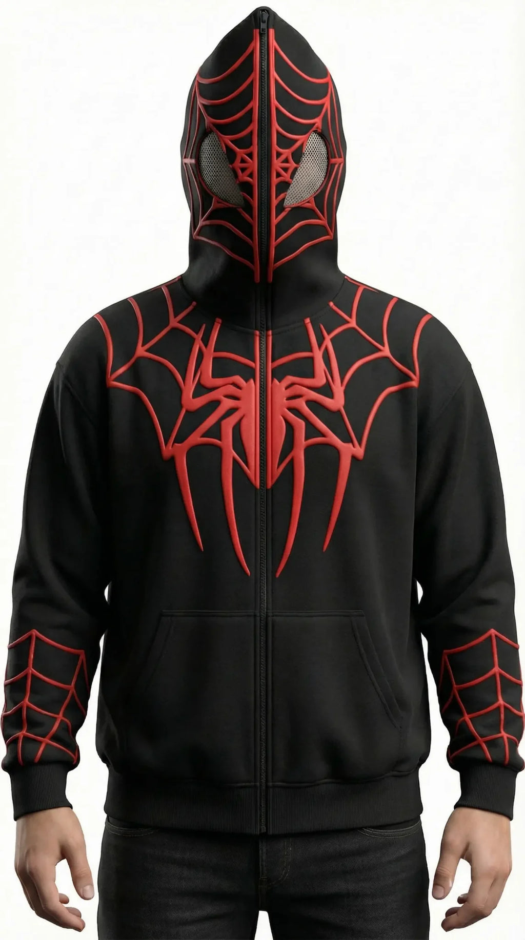 Spider-Man Style Full Zip Mask Hoodie – Black & Red Superhero Streetwear Jacket