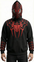 Spider-Man Style Full Zip Mask Hoodie – Black & Red Superhero Streetwear Jacket