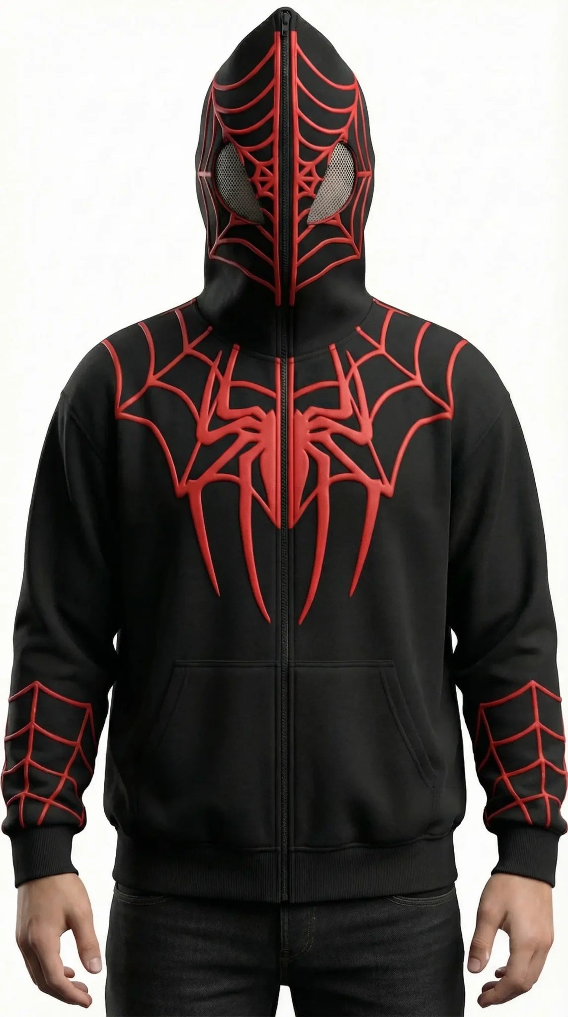 Spider-Man Style Full Zip Mask Hoodie – Black & Red Superhero Streetwear Jacket