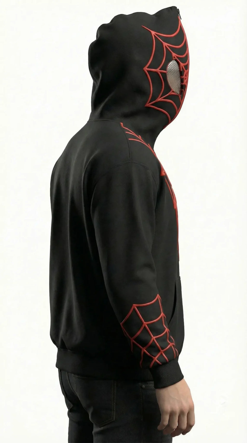 Spider-Man Style Full Zip Mask Hoodie – Black & Red Superhero Streetwear Jacket