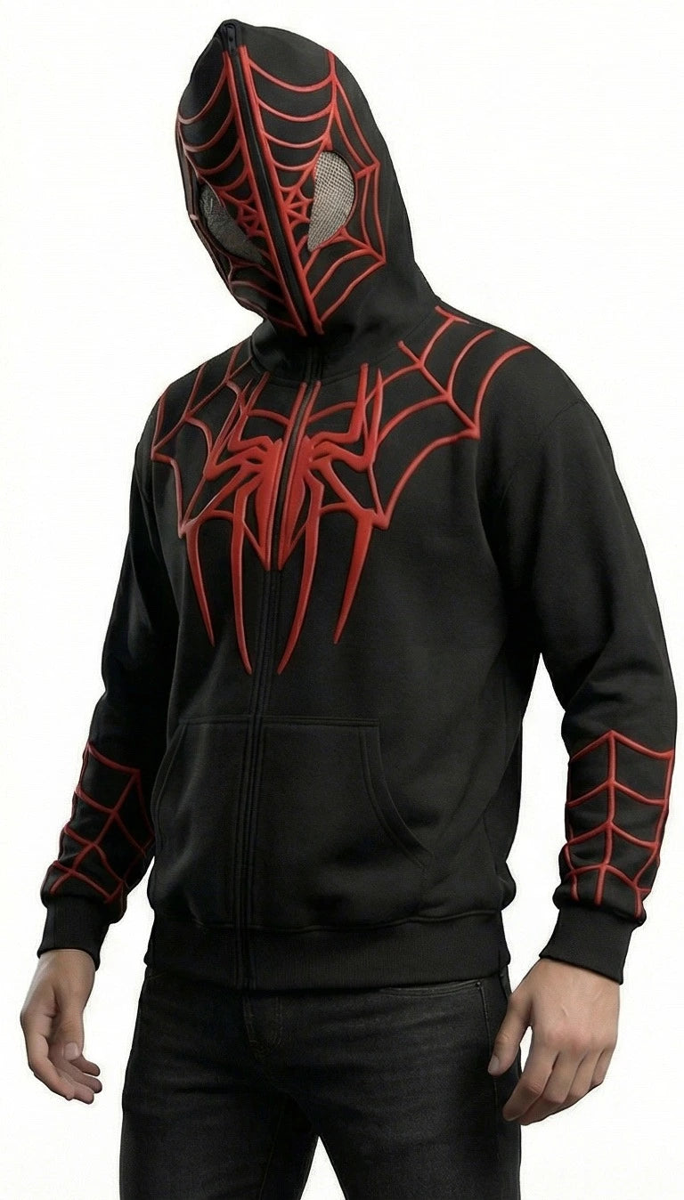 Spider-Man Style Full Zip Mask Hoodie – Black & Red Superhero Streetwear Jacket