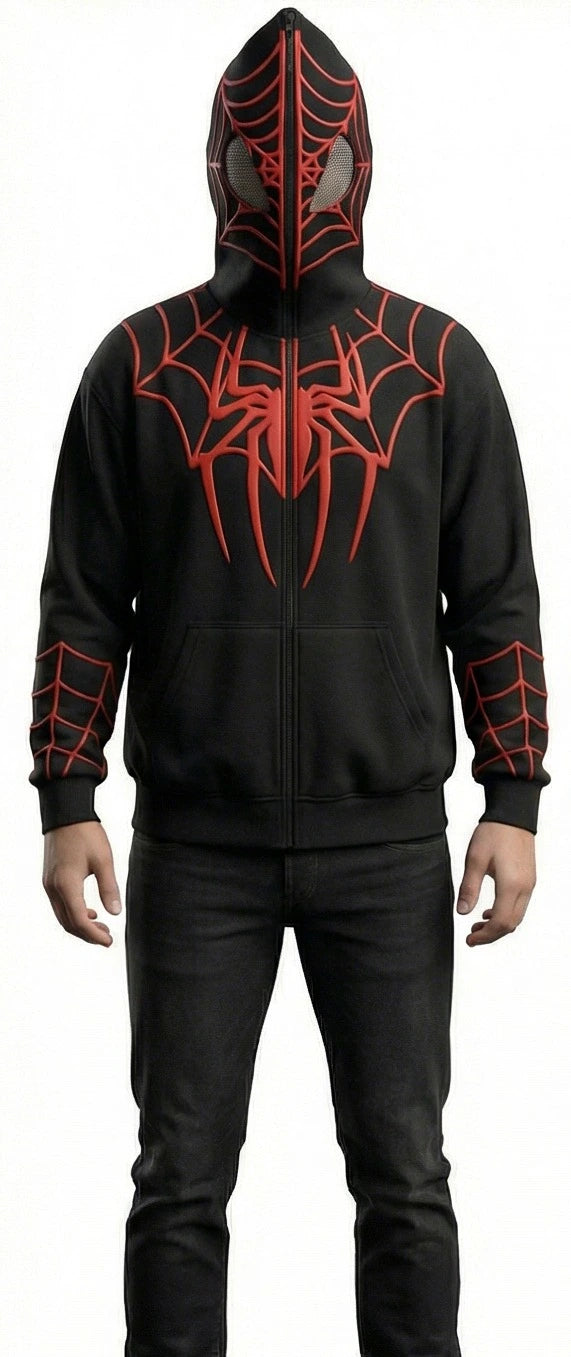 Spider-Man Style Full Zip Mask Hoodie – Black & Red Superhero Streetwear Jacket