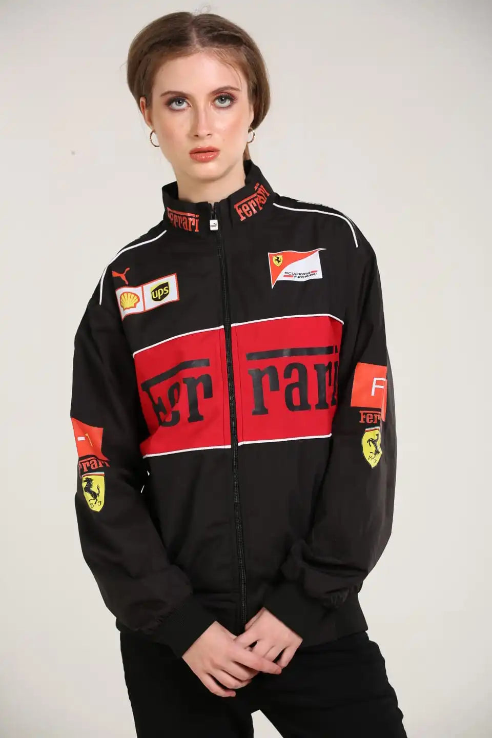 Ferrari F1 Racing Jacket – Black & Red Motorsport Streetwear Jacket | Scuderia Style Zip-Up Jacket for Men & Women