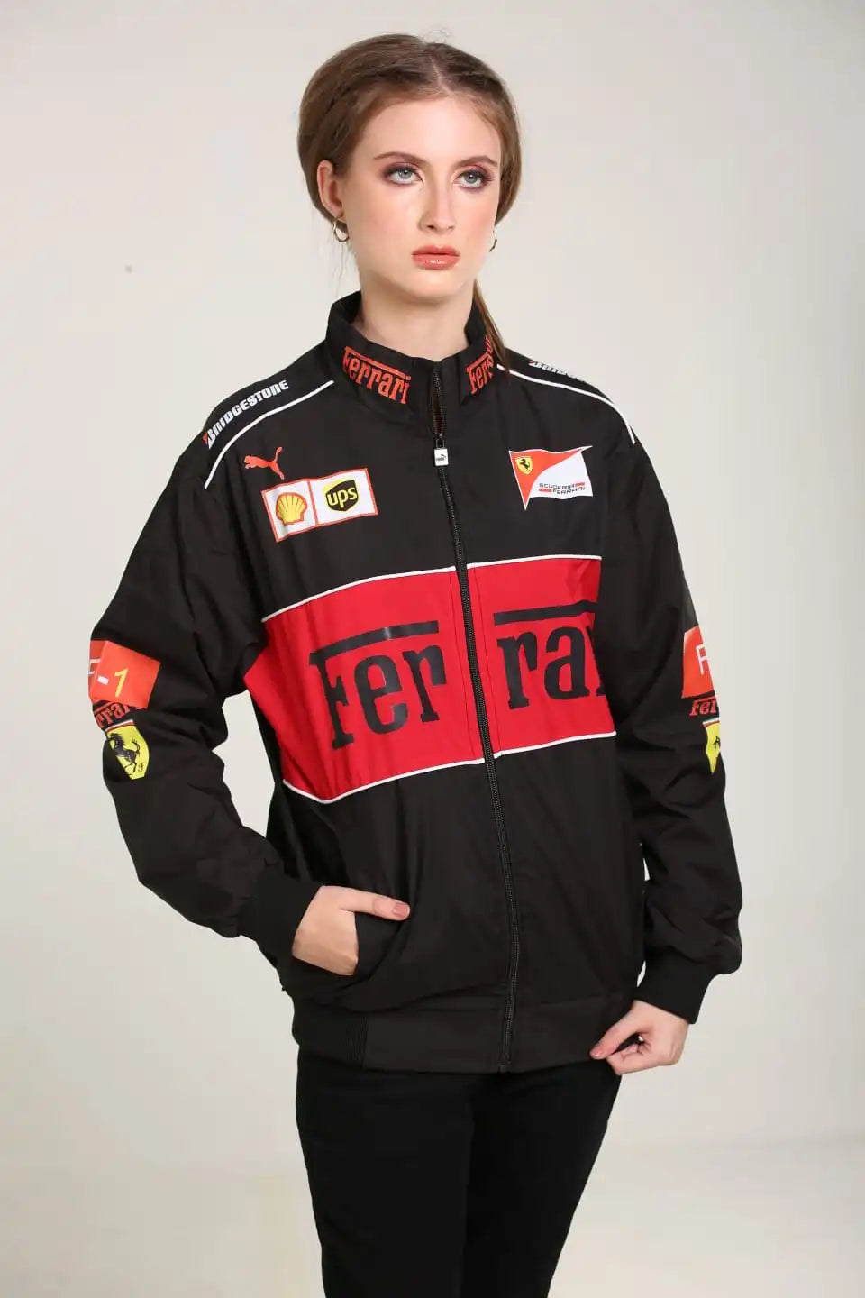 Ferrari F1 Racing Jacket – Black & Red Motorsport Streetwear Jacket | Scuderia Style Zip-Up Jacket for Men & Women