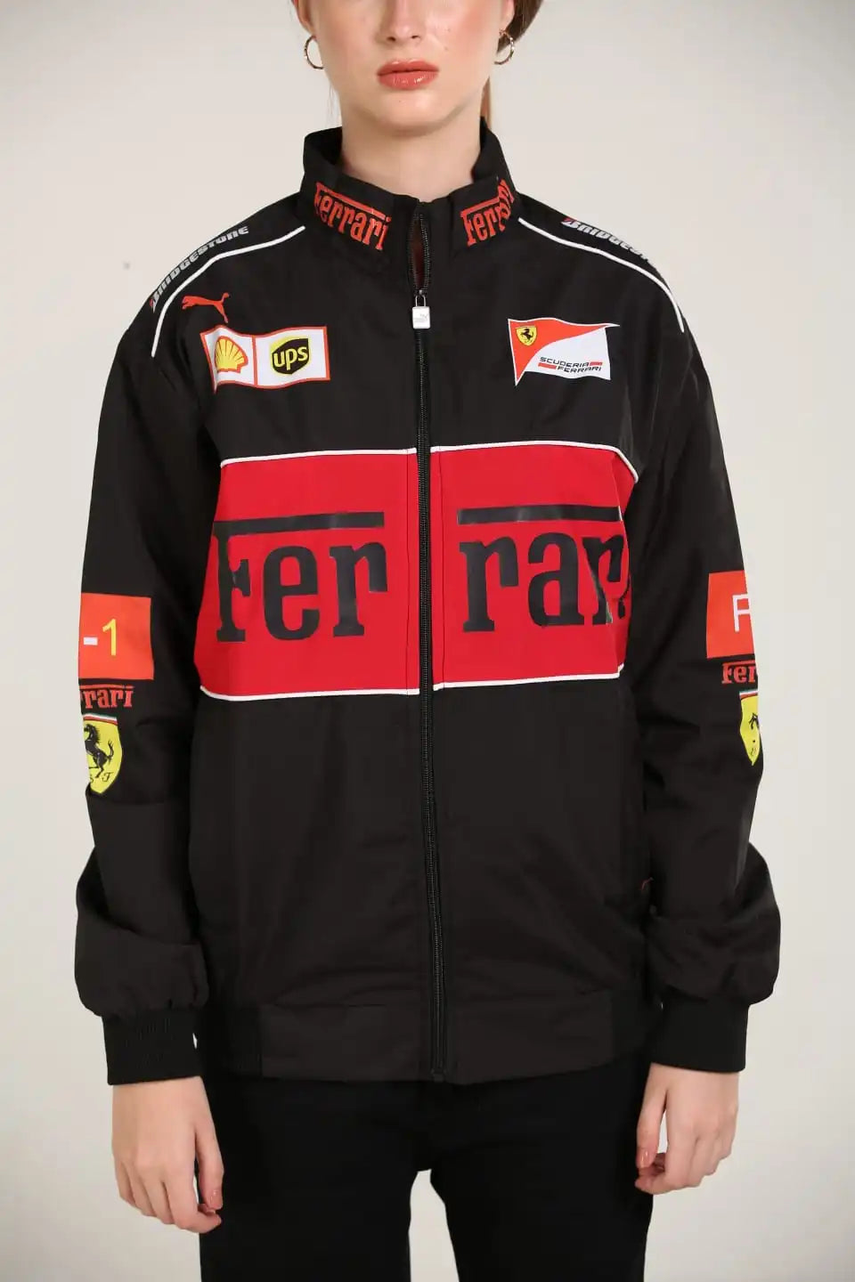 Ferrari F1 Racing Jacket – Black & Red Motorsport Streetwear Jacket | Scuderia Style Zip-Up Jacket for Men & Women