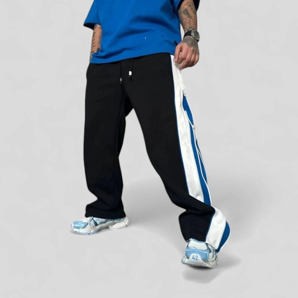 Blue Men’s Wide Leg Track Pants with Side Zip Detail – Oversized Streetwear Pants, Contrast Panel Joggers for Casual & Urban Style