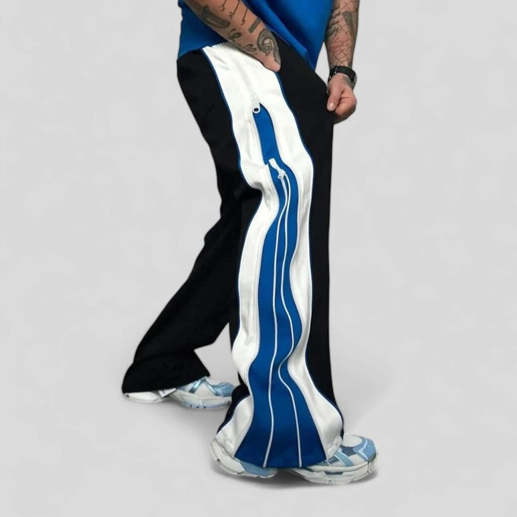 Blue Men’s Wide Leg Track Pants with Side Zip Detail – Oversized Streetwear Pants, Contrast Panel Joggers for Casual & Urban Style
