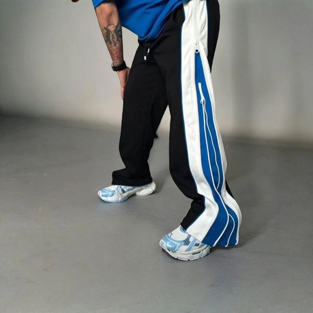 Blue Men’s Wide Leg Track Pants with Side Zip Detail – Oversized Streetwear Pants, Contrast Panel Joggers for Casual & Urban Style
