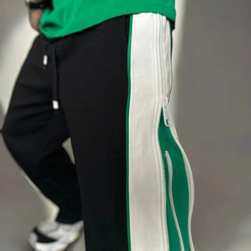 Green Men’s Black Track Pants Side Panel & Zip Detail – Oversized Streetwear Joggers, Wide Leg Casual Pants for Urban Style