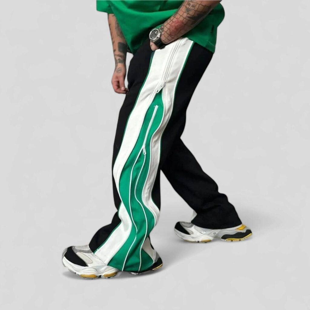 Green Men’s Black Track Pants Side Panel & Zip Detail – Oversized Streetwear Joggers, Wide Leg Casual Pants for Urban Style