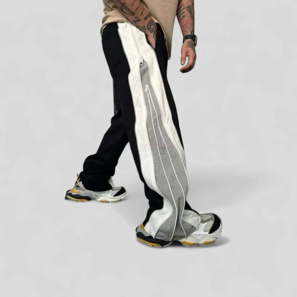 Grey Men’s Black Track Pants with Side Panel & Zip Detail – Oversized Streetwear Wide Leg Joggers