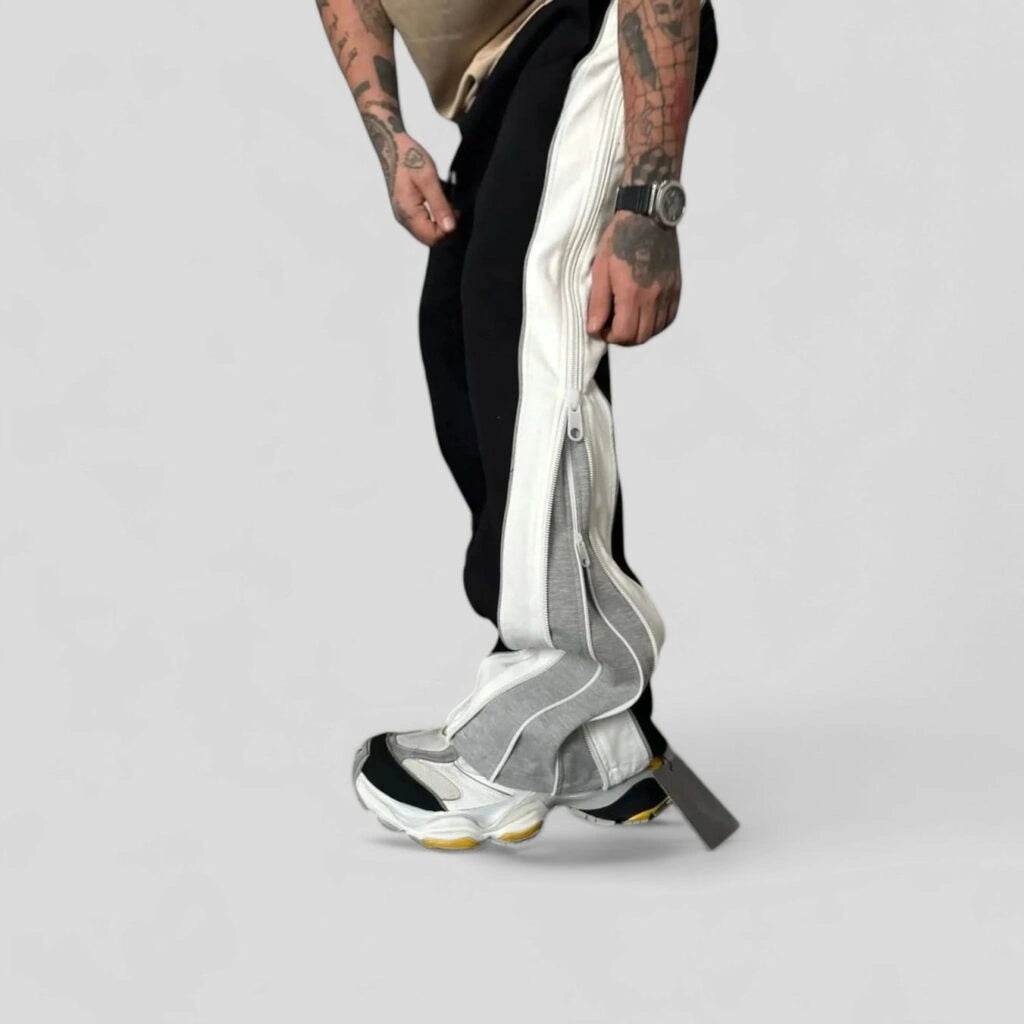 Grey Men’s Black Track Pants with Side Panel & Zip Detail – Oversized Streetwear Wide Leg Joggers