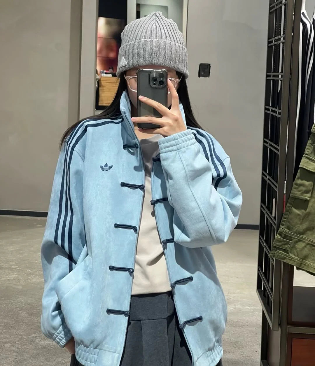 Sky Blue CNY Jacket – Oversized Chinese Knot Streetwear Y2K Aesthetic Jacket for Women