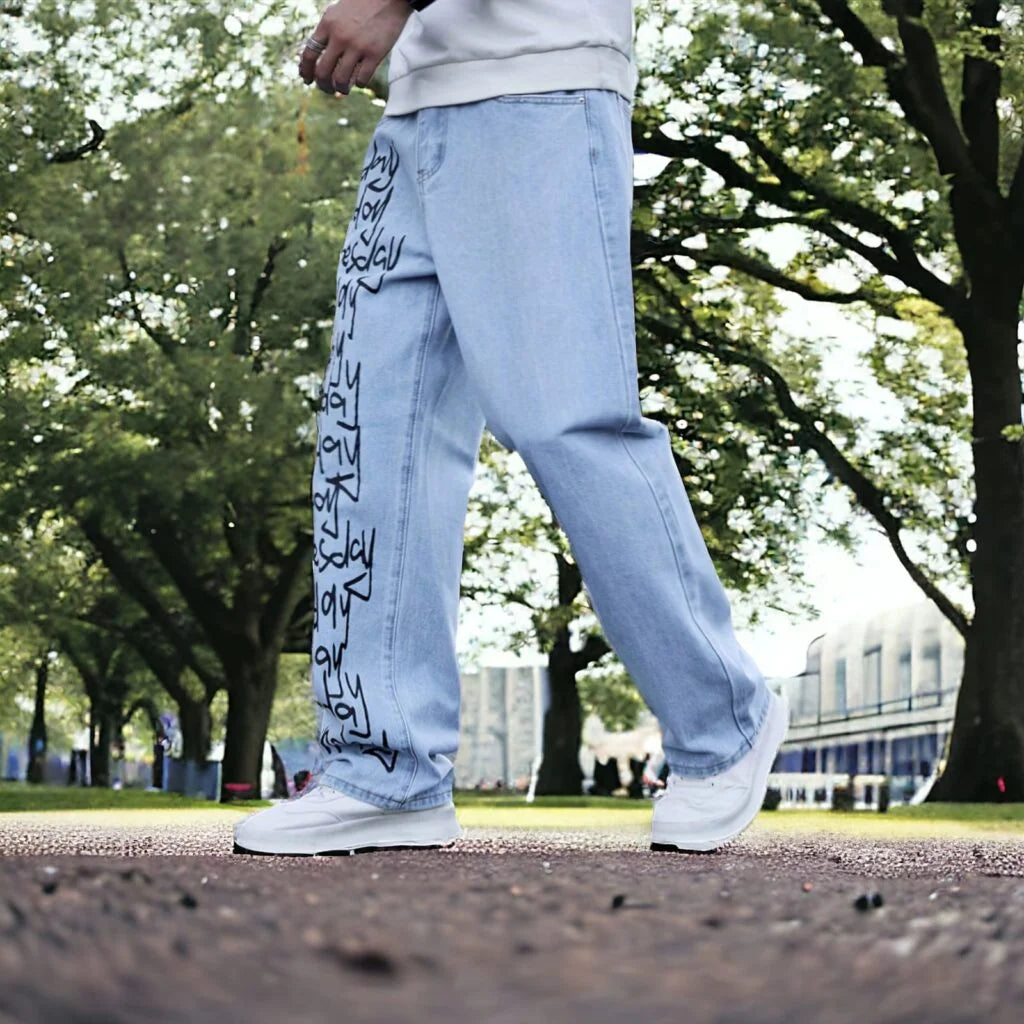 Men’s Light Blue Week Print Baggy Jeans – Oversized Streetwear Denim with Monday to Sunday Graphic Design