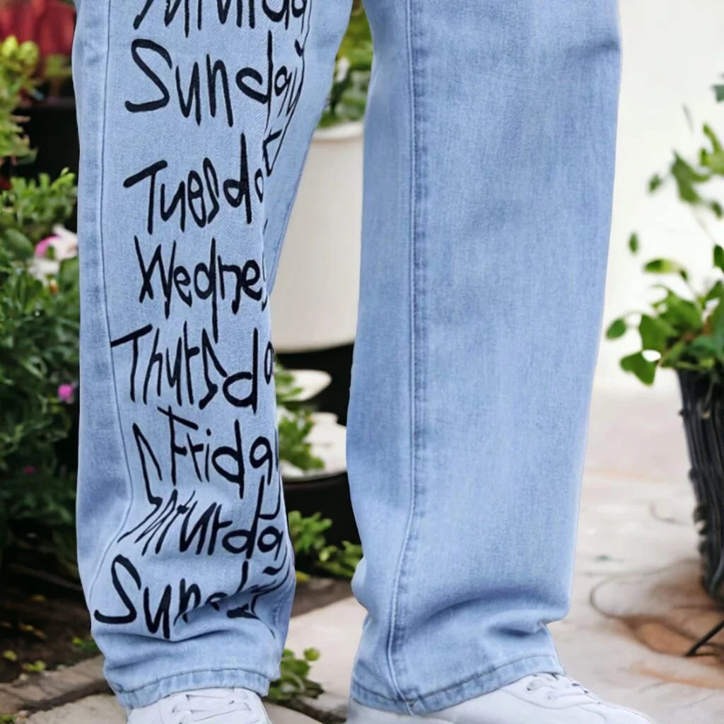 Men’s Light Blue Week Print Baggy Jeans – Oversized Streetwear Denim with Monday to Sunday Graphic Design