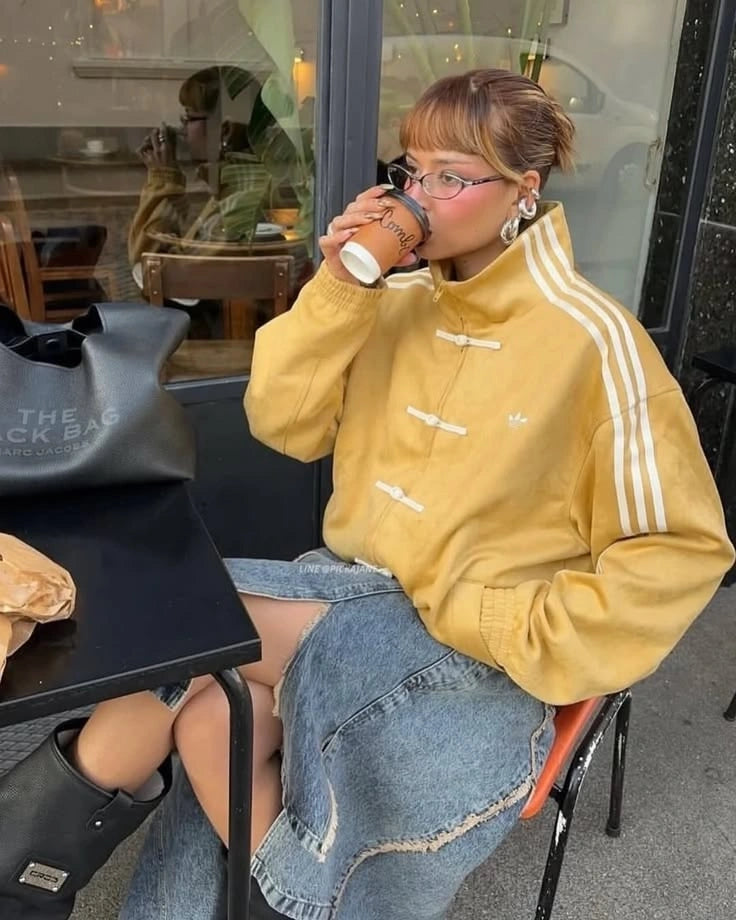 Oversized Mustard Yellow Chinese Knot Track Jacket – Korean Streetwear High Neck Zip-Up Jacket