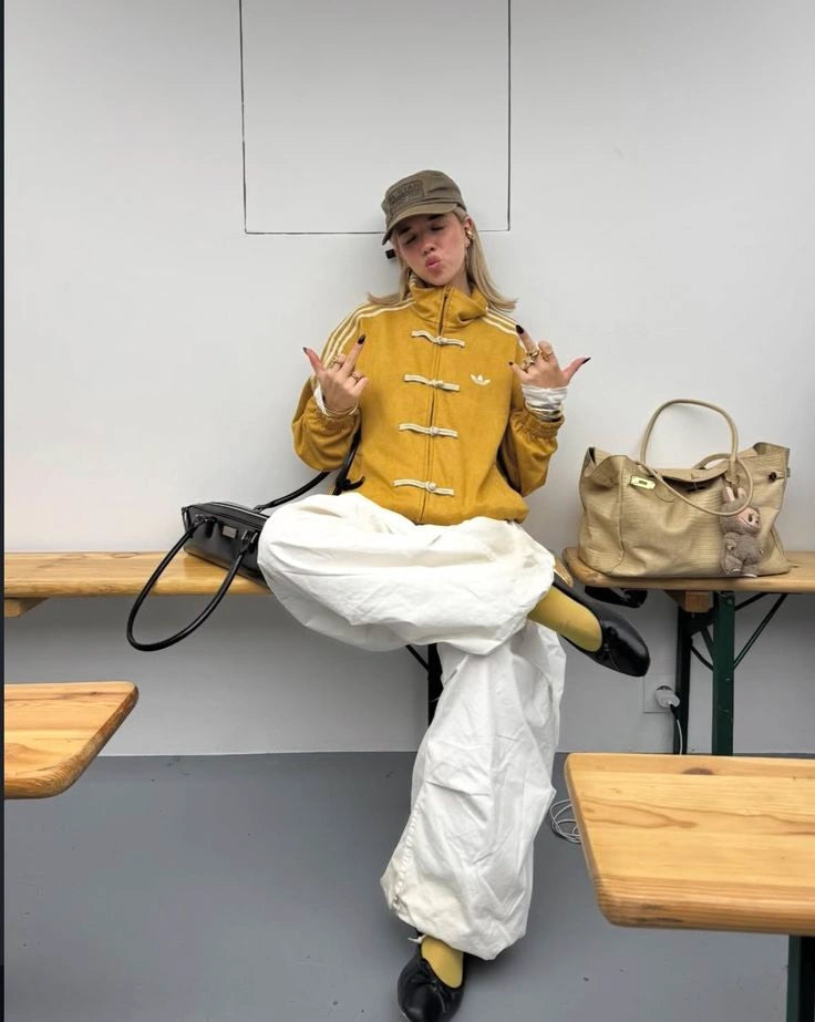 Oversized Mustard Yellow Chinese Knot Track Jacket – Korean Streetwear High Neck Zip-Up Jacket
