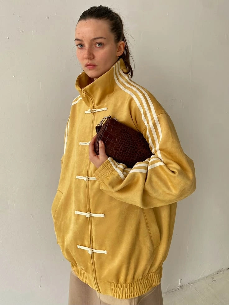 Oversized Mustard Yellow Chinese Knot Track Jacket – Korean Streetwear High Neck Zip-Up Jacket